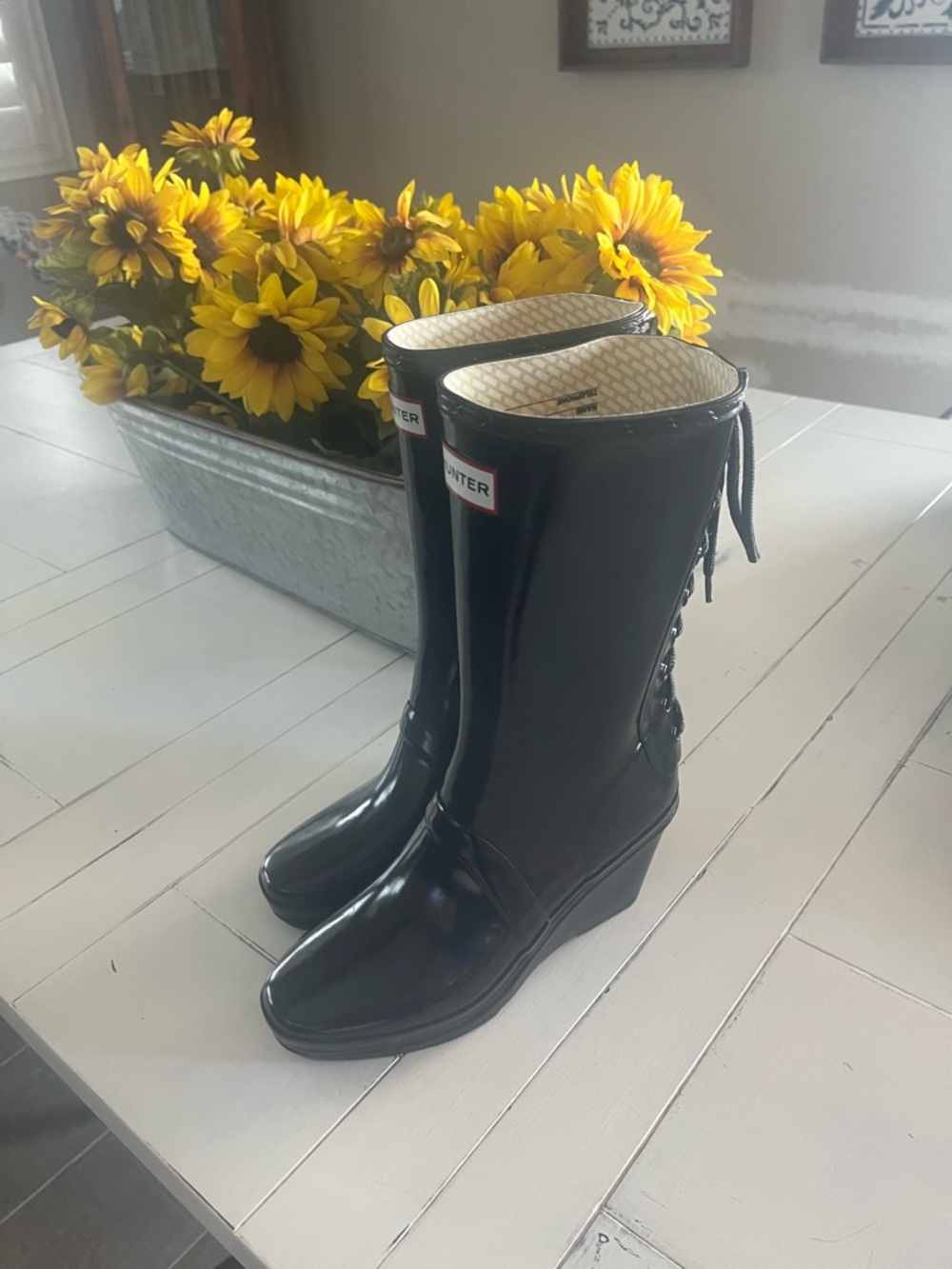 Hunter Women’s Verbier Black Wedge Lace Up Boots Size 6 EU 37